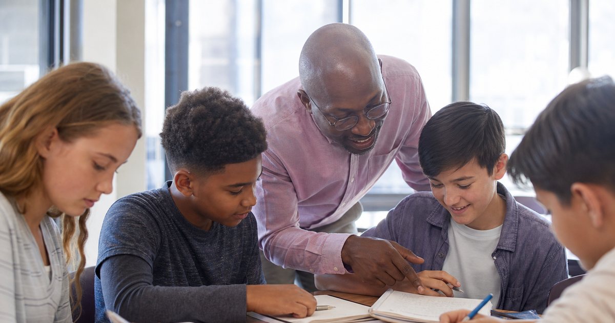 Four middle school students seated around a wooden table with notebooks and pencils while a tutor leans in to help one of them, bright classroom with afternoon window light