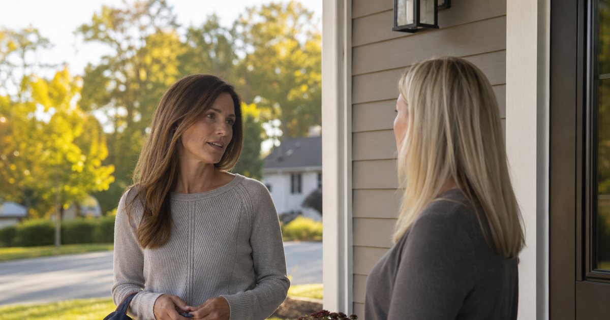 A parent and a tutor talking on the front porch of a suburban house, the parent holding car keys and a child's backpack, late afternoon sun, trees in the background