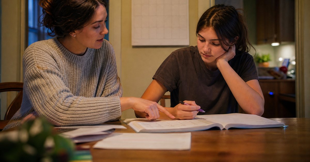 A tutor and a teenage student at a kitchen table with an open workbook and a paper wall calendar hanging behind them, warm home interior in early evening