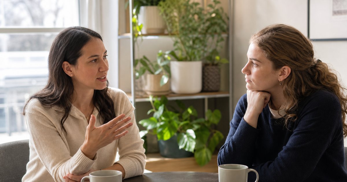 A tutor in her thirties and a younger colleague sitting across a small round table in a bright home office, two coffee mugs and a stack of blank index cards between them, warm afternoon light through a large window, houseplants on a shelf behind them
