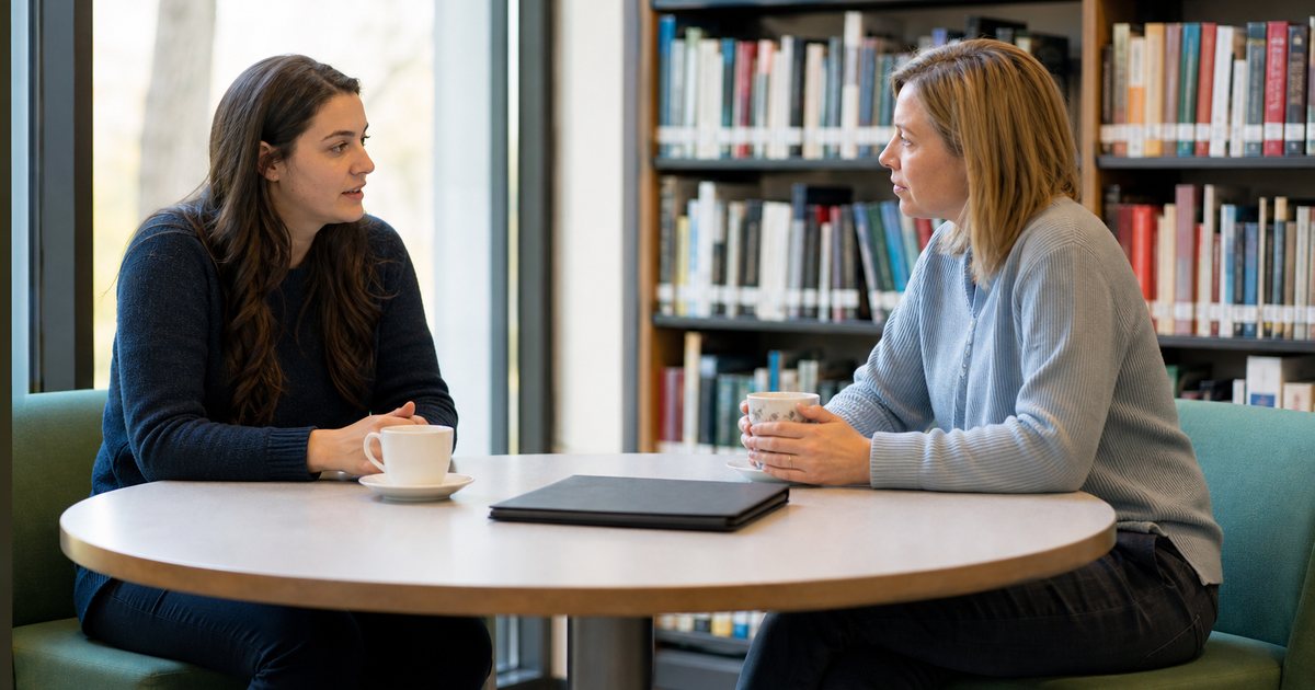 A tutor and a parent seated at a small round table in a bright library reading room, a closed folder and two cups of tea between them, calm daytime setting