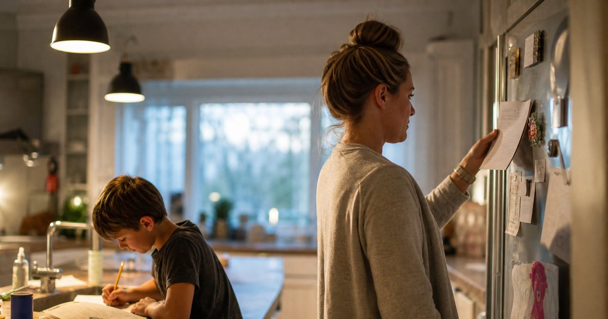 A parent standing in a kitchen reading a handwritten note pinned to the refrigerator door while a child does homework at the counter, warm evening light