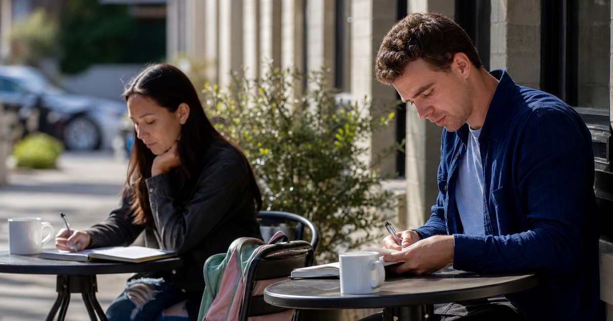 Two adults at separate cafe tables on a sunny sidewalk, each with a coffee and a paper notebook, a school-age child's backpack resting on a chair between them