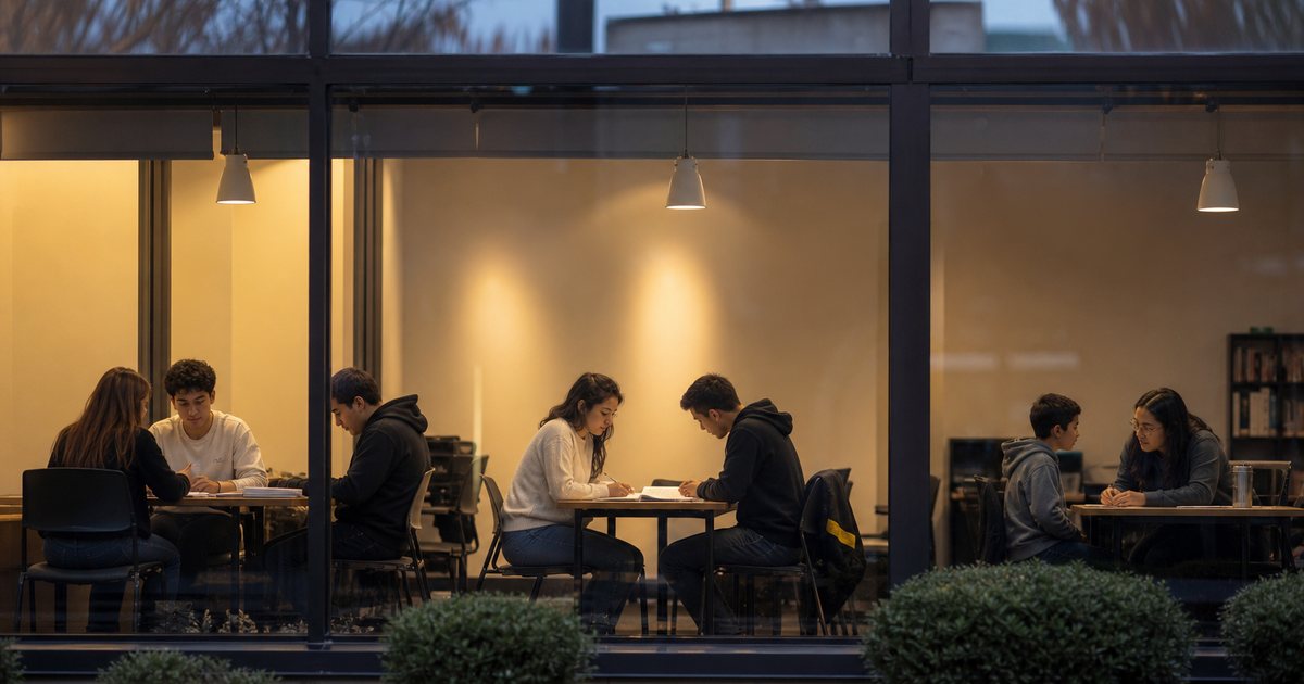 A small tutoring center at dusk with several desks occupied by students and tutors, warm interior lighting seen through a storefront window from the sidewalk
